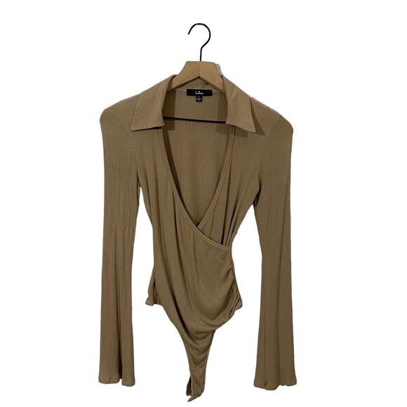 Lulu’s Head to Class Beige Ribbed Collared Long Sleeve Bodysuit - Small - Picture 1 of 16